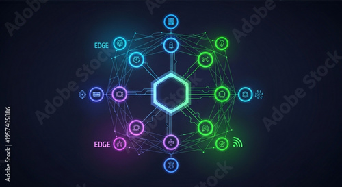 Neon network visualization with glowing hexagon and interconnected nodes on dark background
