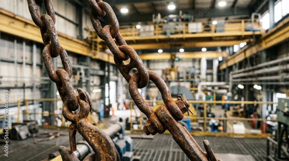 Naklejka premium Industrial Chains and Metal Structures in Large Warehouse