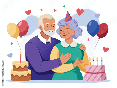 Happy elderly couple celebrating birthday anniversary with balloons and cake flat design illustration