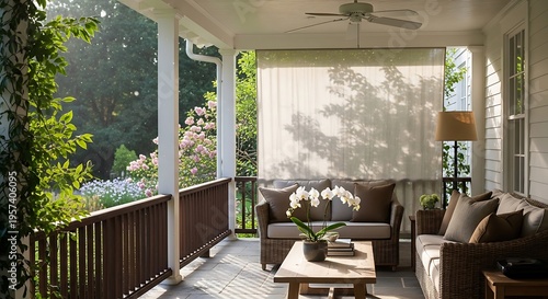 A beautifully furnished outdoor porch with comfortable seating, a ceiling fan, and a roller shade, overlooking a lush green garden on a sunny day.
