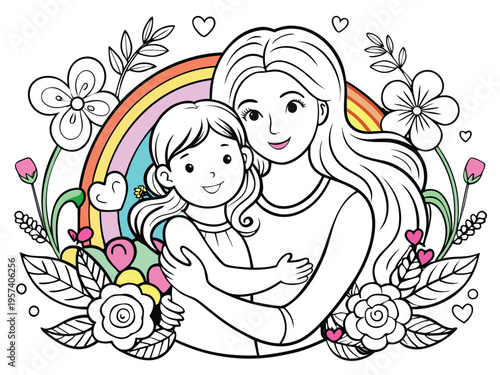 Monochrome line art mother and daughter hugging with rainbow flowers coloring book illustration