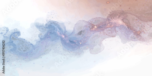 Abstract watercolor background of an oil painting depicting a summer sun over a blue ocean and mountain landscape with soft clouds in a light nature texture.