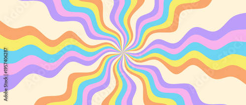 Cool Groovy Swirl Rainbow Pattern Vector Design. Abstract Geometric Psychedelic Retro Colorful Background. Radial Texture.