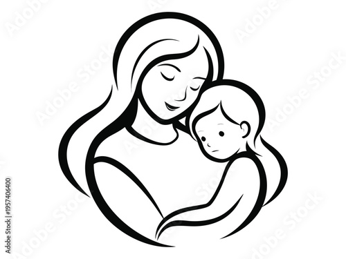 Minimalist black line art mother embracing child love and family bonding graphic illustration