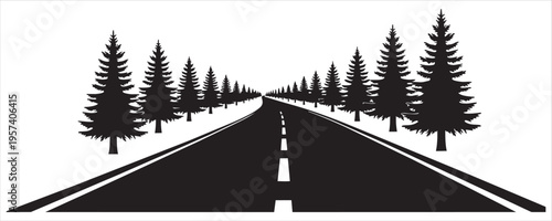 Perspective highway vanishing point with pine trees lining snowy shoulders, symbolizing journey, travel, and forward movement in a stylized black and white graphic