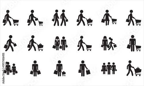 Collection of diverse shopping icons and silhouettes of people pushing carts and carrying bags, representing commerce, retail, and consumer activity, shopping cart