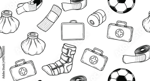 Sports Medicine Equipment Seamless Pattern Vector – First Aid, Bandages, Soccer Ball, Medical Kit