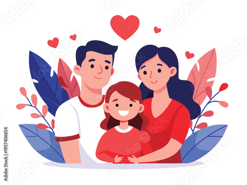 Happy flat design family portrait mother father daughter with hearts and leaves illustration