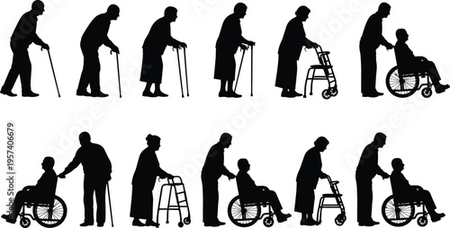 elderly support silhouettes set, seniors with cane walker wheelchair and caregiver assistance, aging disability healthcare concept, isolated vector illustration collection