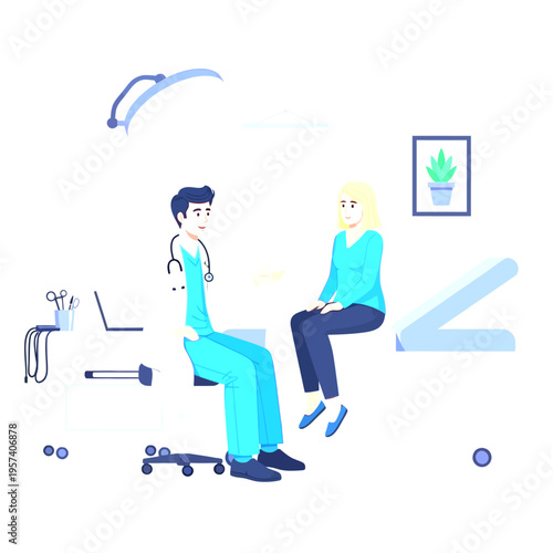 Male doctor consulting with a female patient during a medical examination in a clinic office. Modern healthcare illustration.