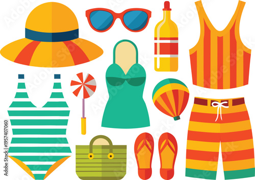 Summer beachwear collection: swimwear, hat, sunglasses, beach bag, flip flops, bottle, hot air balloon