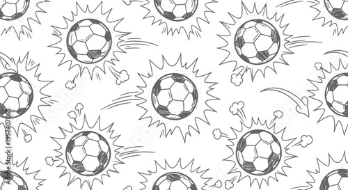 Soccer Ball Vector Seamless Pattern, Hand Drawn Black and White Sports Background Illustration