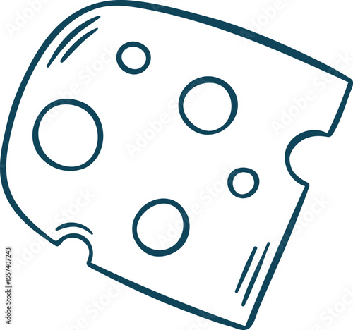 Cheese slice with holes, simple vector icon in doodle and sketch style with Mediterranean blue line. Hand-drawn Swiss-style cheese for menus or food branding
