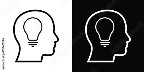 Line art profile of a human head containing a light bulb symbol. Minimalist design for mental health, brainstorming, cognitive function, and philosophical thought.