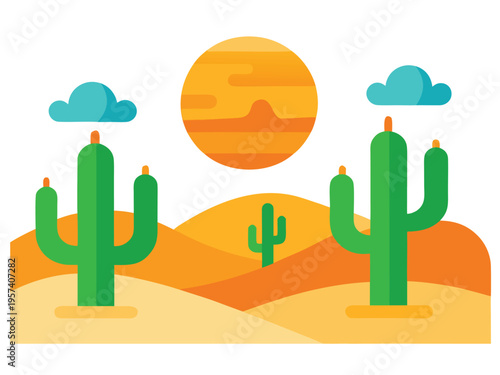 Desert landscape with cacti, sun and clouds in flat illustration style, flat design