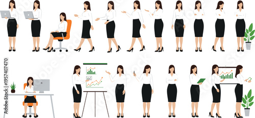 Businesswoman character poses collection, professional office worker in different actions, corporate female employee gestures set, workplace scenes flat vector illustration isolated