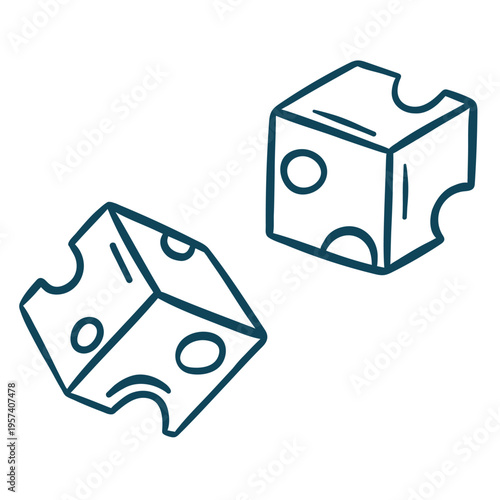 Cheese cube with holes, simple vector icon in doodle and sketch style with Mediterranean blue line. Hand-drawn Swiss-style cheese for menus or food branding