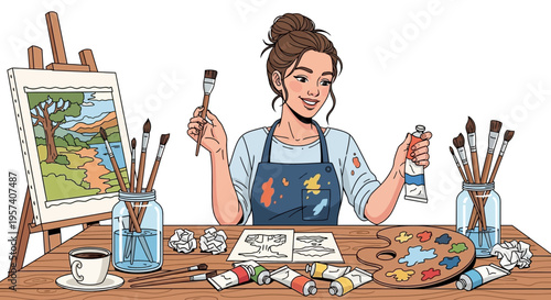 Artist painting landscape on easel, creative hobby, art studio, inspiration, colorful palette