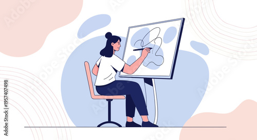 Artist painting on easel, creative process, illustration, abstract art, woman drawing, hobby, studio