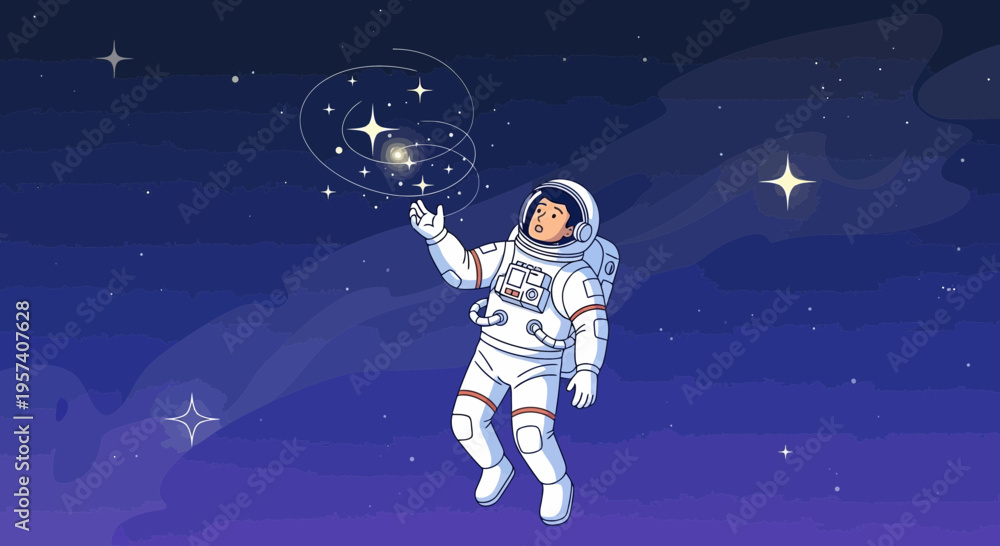 Fototapeta premium Astronaut exploring starry nebula, reaching out to cosmic wonders in deep space