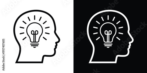 Line art profile of a human head containing a light bulb symbol. Minimalist design for mental health, brainstorming, cognitive function, and philosophical thought.