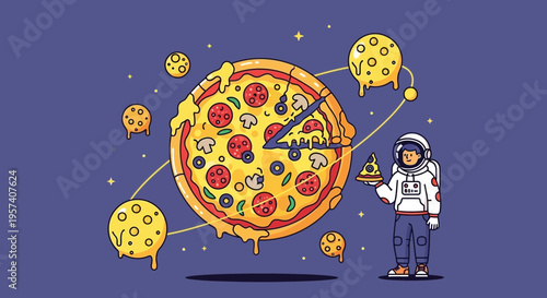 Astronaut eating pizza in space with pizza planets and stars