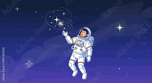 Astronaut exploring starry nebula, reaching out to cosmic wonders in deep space