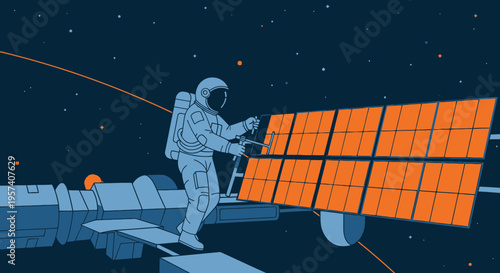 Astronaut Installing Solar Panel on Space Station, Outer Space Exploration