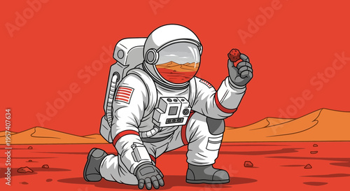 Astronaut Kneeling on Mars Holding a Red Rock, Exploring the Red Planet