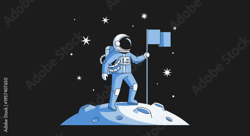 Astronaut planting flag on moon surface, space exploration, stars background