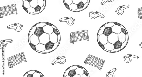 Soccer Ball Pattern Vector Seamless Background with Whistle and Goal Net Illustration
