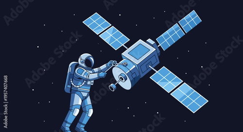 Astronaut repairing satellite in outer space, pixel art style