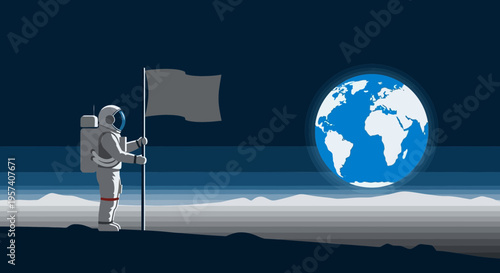 Astronaut plants flag on moon with Earth in background, space exploration concept