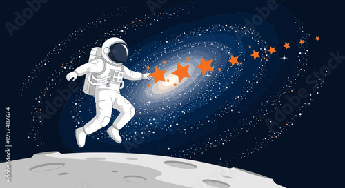 Astronaut Reaching for Stars in Galaxy, Space Exploration Concept