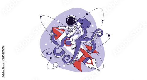Astronaut Riding Octopus on Rocket in Space, Cosmic Adventure