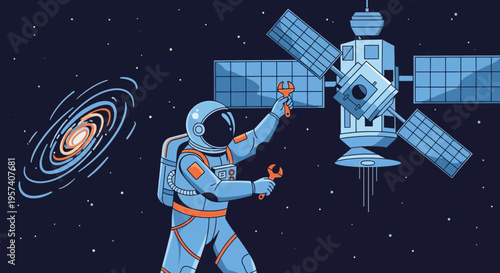 Astronaut repairing satellite in space near galaxy, futuristic technology, cosmic exploration