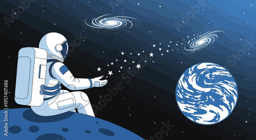 Astronaut sitting on moon, creating stars and galaxies, exploring cosmos