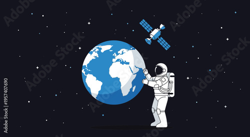 Astronaut touching Earth planet with satellite in starry space, science and technology concept