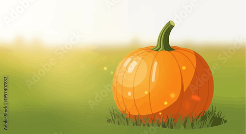 Autumn Pumpkin on Green Field with Sunlit Haze - Harvest Season Illustration
