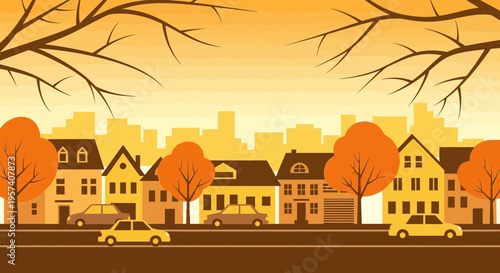 Autumn street scene with houses, cars, and trees in warm colors