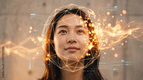 Captivating image depicts a woman interacting with advanced technology, her face enveloped in glowing digital enhancements.  The scene merges the concepts of futurism, innovation.