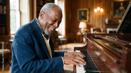 An older man plays the piano with a smile in a room.