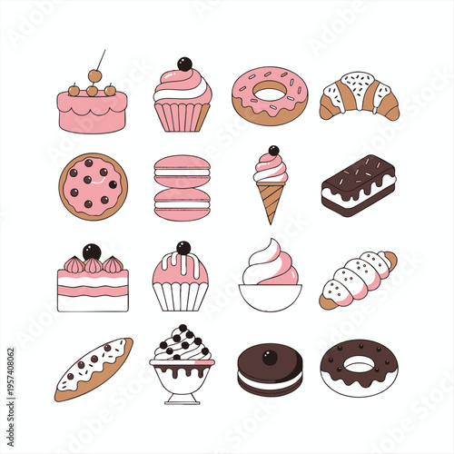 Sweet pastry and dessert icons with cakes cupcakes donuts croissants macarons ice cream and brownies