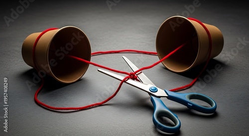 Scissors cutting the string connecting two makeshift paper cup telephones on a dark surface symbolizes communication breakdown, severed connection, and relationship interruption across distance.