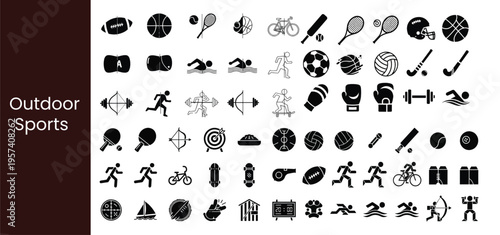 Large Set of Outdoor Sports and Athletics Glyph Icons Featuring Ball Games  Fitness Training Water Sports and Competition Equipment Vector Silhouettes