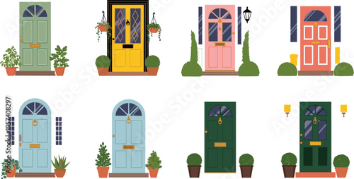 Colorful front door collection with house entrances, decorative exterior doors, plants and windows, modern home facade elements flat vector illustration set isolated