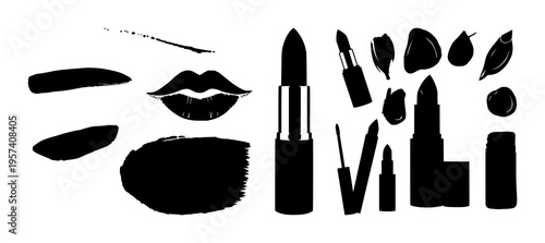 Lipstick makeup silhouette set with simple line art design featuring simple design, minimalist, black and white with illustrations and graphics