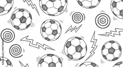 Soccer Ball Pattern Vector Seamless Hand Drawn Black and White Sports Background