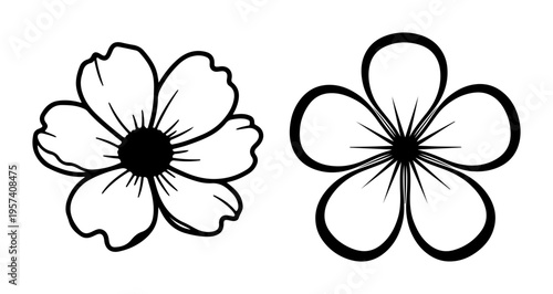 A set of two minimalist flower line art illustrations in black and white. Features a detailed blossom and a simple five-petal flower icon. Perfect for coloring, logos, or web design.