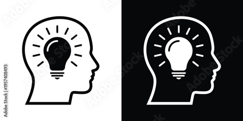 Line art profile of a human head containing a light bulb symbol. Minimalist design for mental health, brainstorming, cognitive function, and philosophical thought.